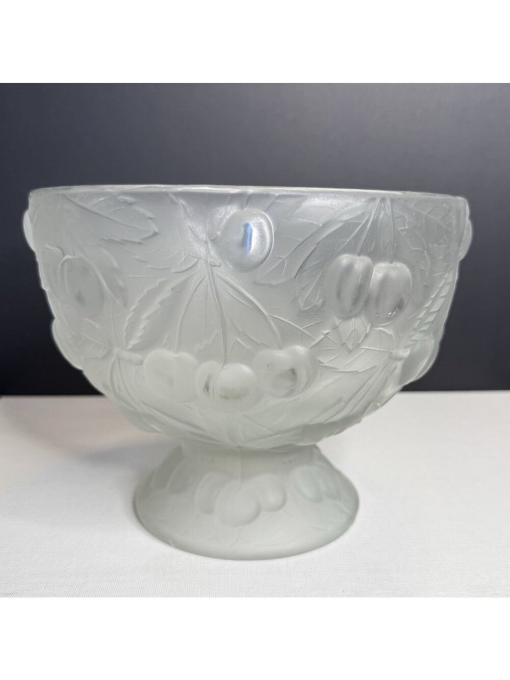Antique Josef Inwald Barolac Cherries Pedestal Bowl 1930s Frosted Bohemian Glass